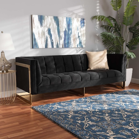 Baxton Studio Ambra Glam and Luxe Black Velvet Upholstered and Button Tufted Sofa with Gold-Tone Frame 195-11714-ZORO